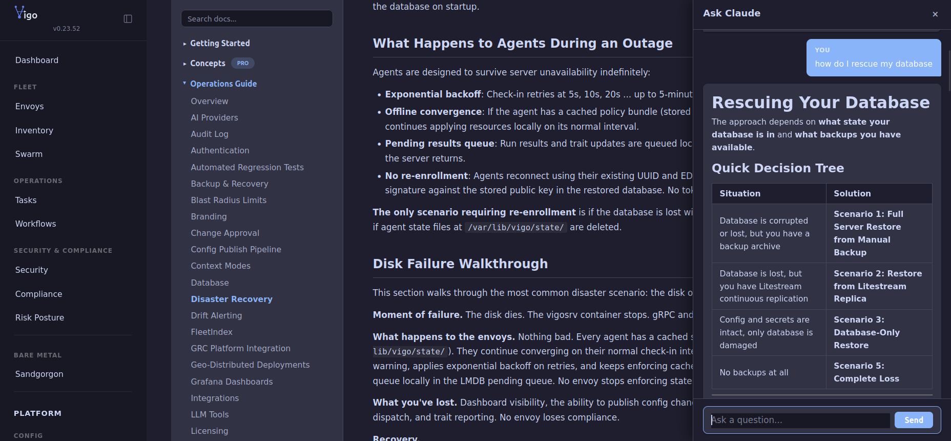 Vigo documentation browser with the Ask Claude AI assistant drawer answering a question about database disaster recovery with scenario-based guidance