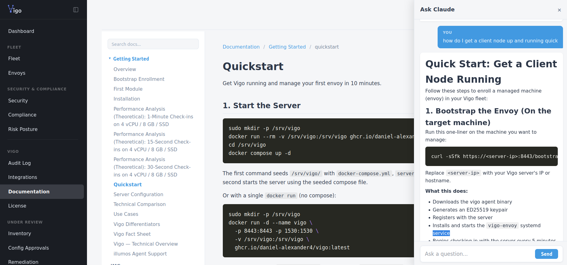 Vigo built-in documentation browser with AI assistant for configuration guidance