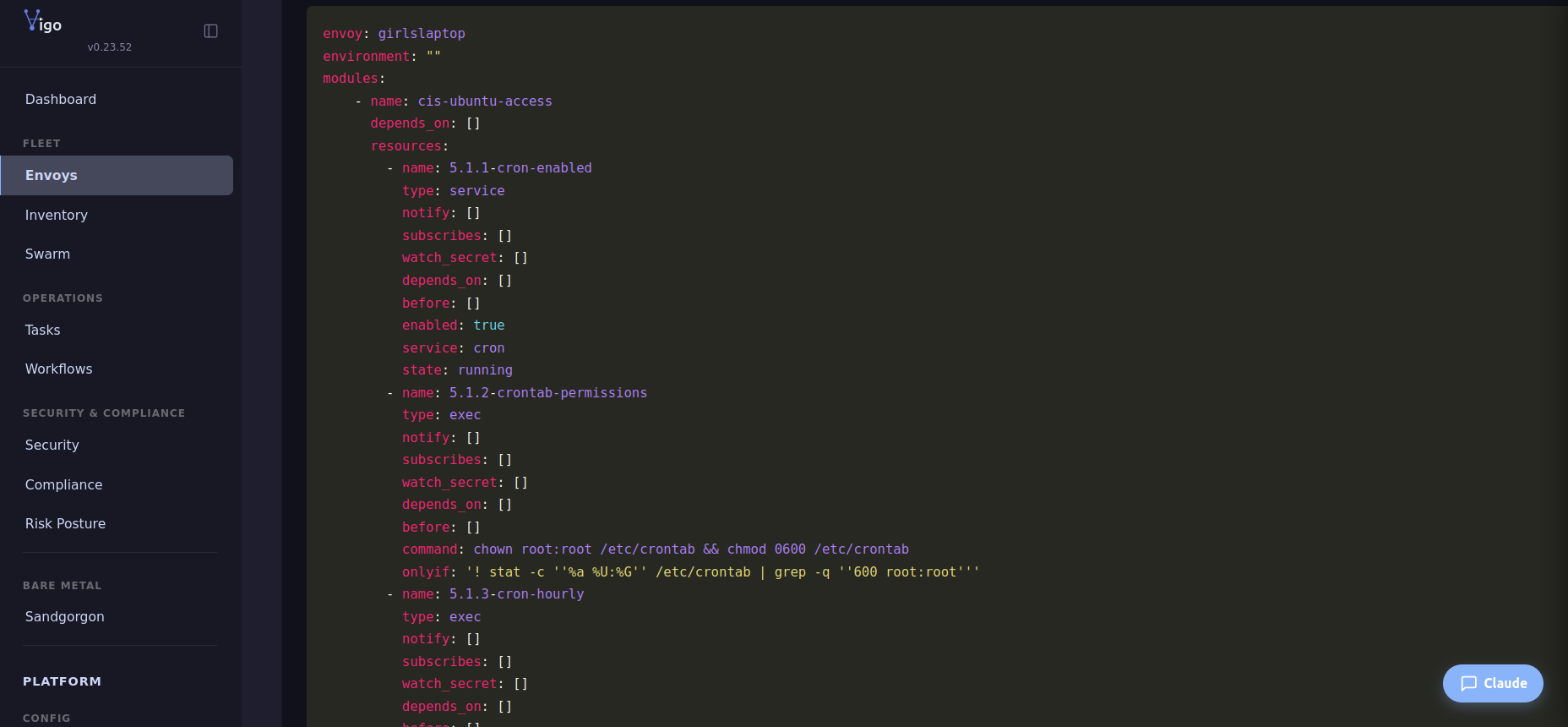 Per-envoy rendered YAML showing a cis-ubuntu-access configcrate with the 5.1.1-cron-enabled service resource and 5.1.2-crontab-permissions exec resource — exactly what the agent received after path inheritance and merge