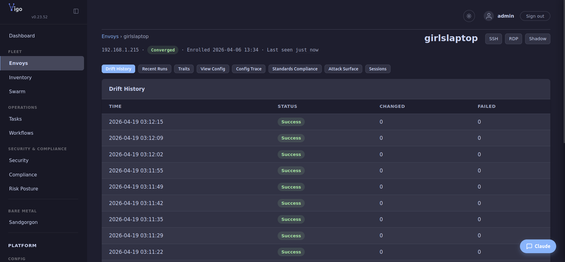 Vigo per-envoy page for girlslaptop with Converged status, enrollment date, Drift History / Recent Runs / Traits / View Config / Config Trace / Standards Compliance / Attack Surface / Sessions tabs, and SSH / RDP / Shadow action buttons