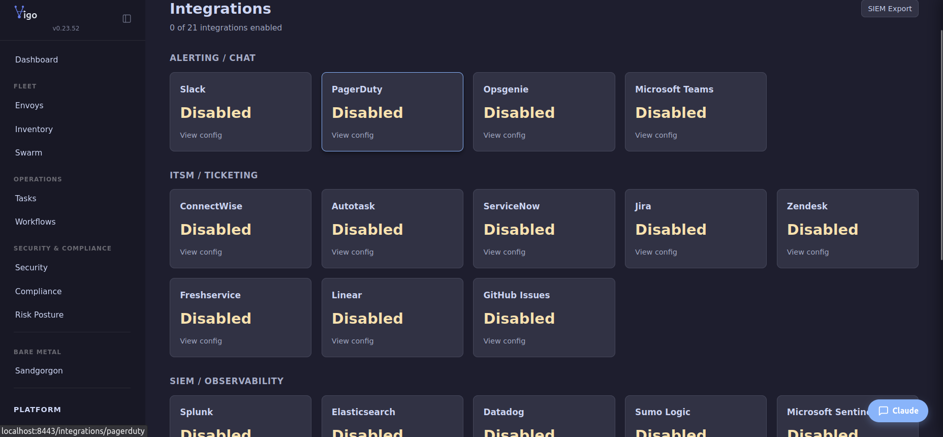 Vigo integrations page showing native integrations grouped by category — Alerting/Chat, ITSM/PSA, SIEM/Observability — with per-integration enable/config controls