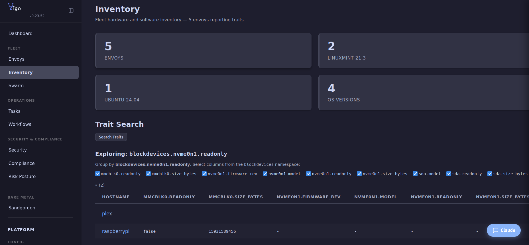 Vigo inventory page with fleet counts (envoys, OS families, OS versions) and an interactive trait search exploring blockdevices.nvme0n1.readonly with per-hostname results