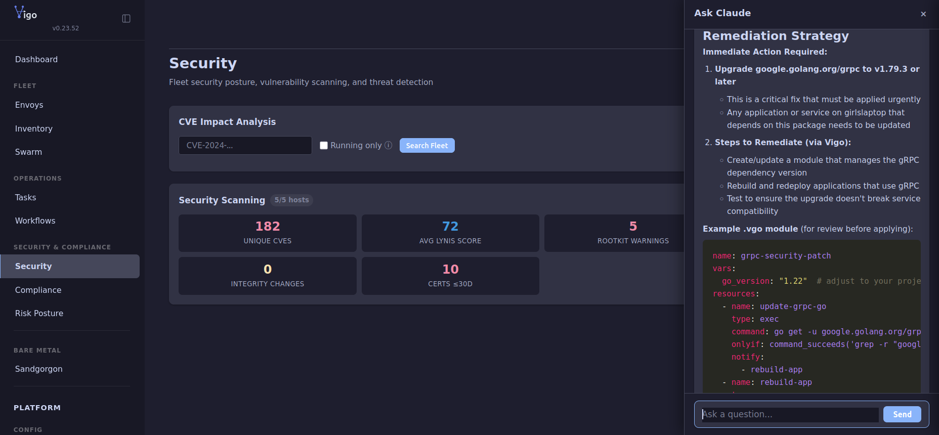 Vigo security page with the Ask Claude drawer open, showing an AI-drafted remediation strategy for a gRPC CVE including the exact .vgo configcrate to publish with upgrade order and version constraints