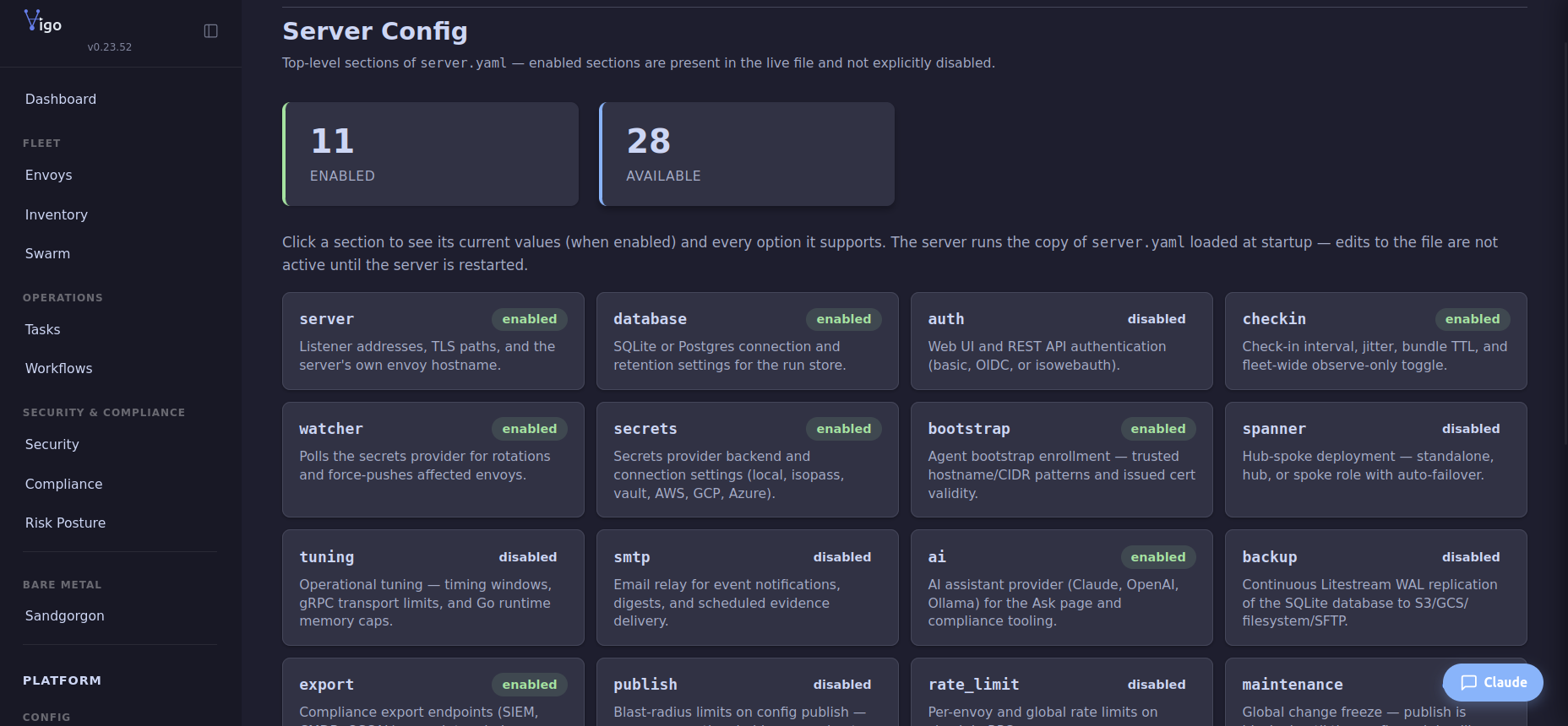Vigo server config page showing 11 enabled and 29 available server sections — server, database, auth, checkin, watcher, secrets, bootstrap, spanner, tuning, smtp, ai, backup, export, publish, rate_limit, maintenance — each with enable/disable toggles